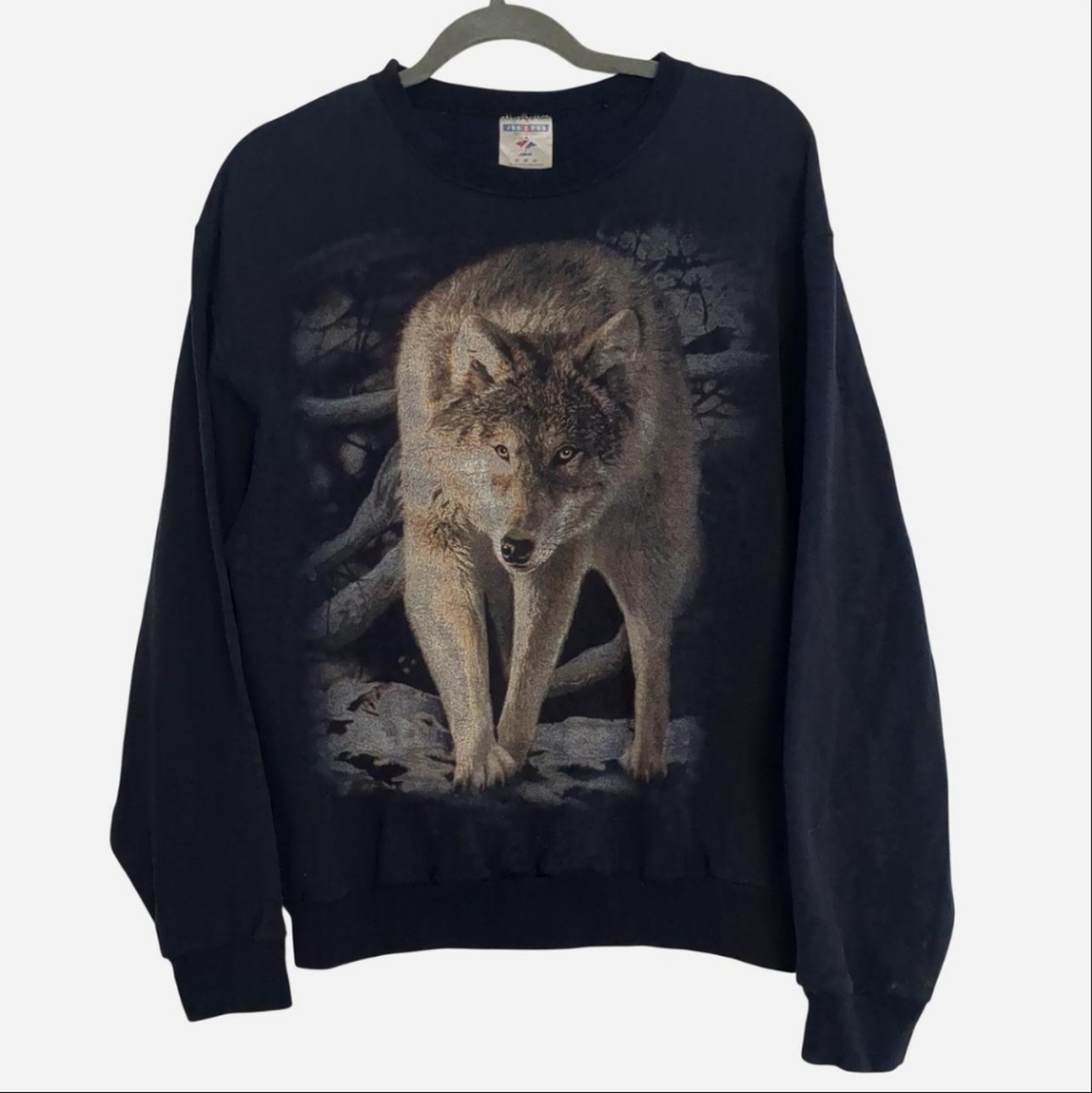 Jerzees Wolf Graphic Crewneck Sweatshirt M Navy Blue Made in USA Vintage 90s